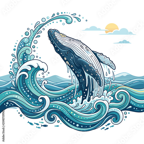 Whale jumping out of ocean waves.
