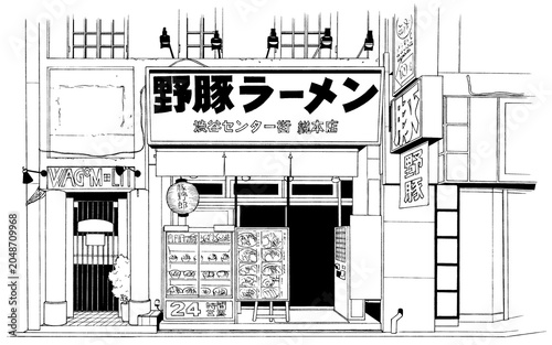 漫画風ペン画イラスト　繁華街_街並