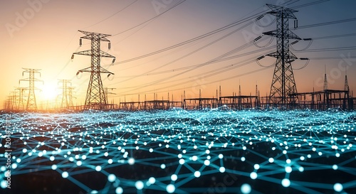 Electricity pylons and power lines at sunset with a digital network overlay, symbolizing smart grid technology and energy infrastructure.