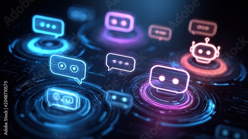 The multi-agent artificial intelligence concept, featuring a virtual chatbot icon and automated workflows, represents intelligent system collaboration and digital business transformation.