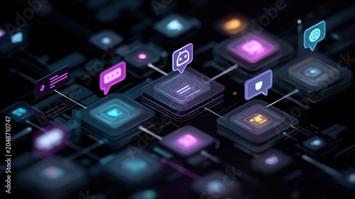 The multi-agent artificial intelligence concept, featuring a virtual chatbot icon and automated workflows, represents intelligent system collaboration and digital business transformation.