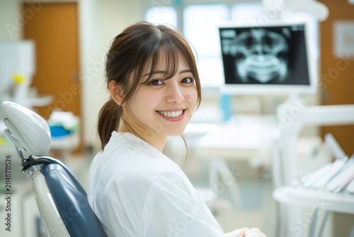 Friendly young japanese woman in a white uniform smiles warmly while sitting in a modern dental clinic examination room.
