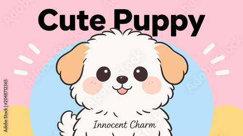 Fotografia An adorable cartoon illustration of a fluffy white puppy with tan ears and rosy cheeks, set against a soft pink and blue background, exuding innocent charm