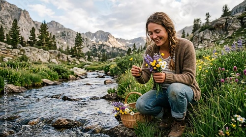 Woman Collecting Wildflowers by Stream in Beautiful Mountain Landscape