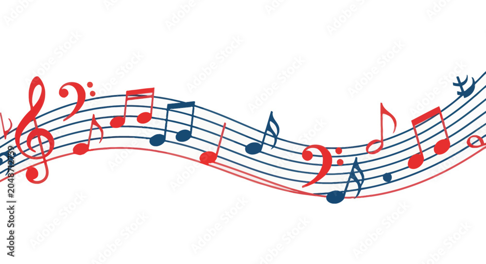 Obraz premium Wavy Musical Notes Staff with Red and Blue Clefs and Symbols
