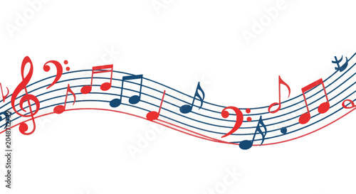 Bild auf Leinwand Wavy Musical Notes Staff with Red and Blue Clefs and Symbols