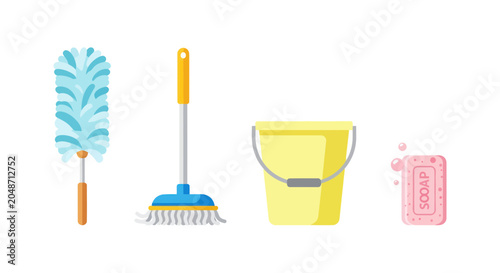 Obraz na plátně Cleaning supplies: duster, mop, bucket, and soap on white background