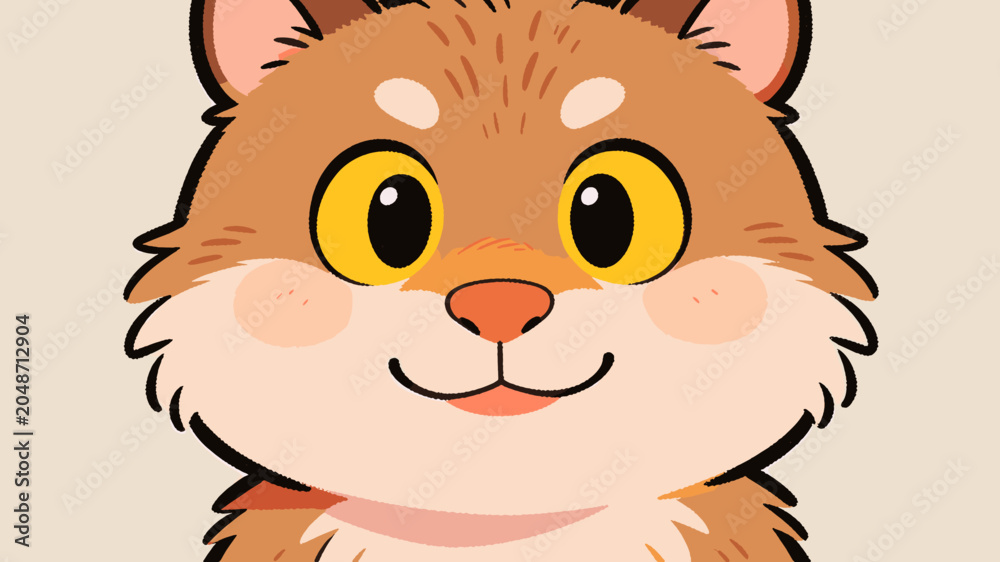 Fototapeta premium Close-up cartoon illustration of a cute, fluffy Shiba Inu dog's face with big yellow eyes and a happy expression.