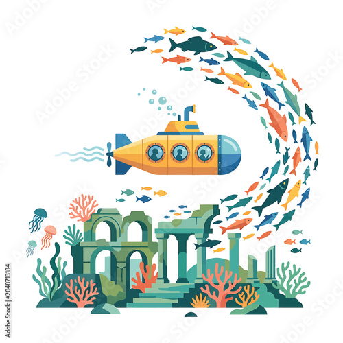 фотографія Yellow submarine exploring ocean ruins deep.