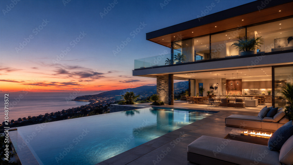 Fototapeta premium Luxury villa overlooking infinity pool on coastal hillside