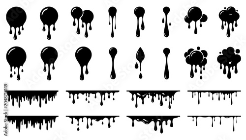 Foto Set of black liquid drips, melting shapes, and paint drops collection of vector