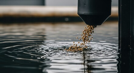 Aquaculture feed pellets falling into rippling water surface for fish farming nourishment