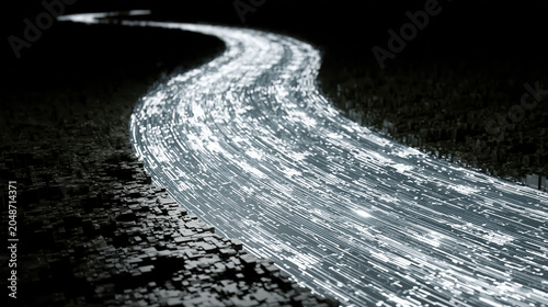 Curved digital path with glowing circuit lines leading through dark abstract technology landscape