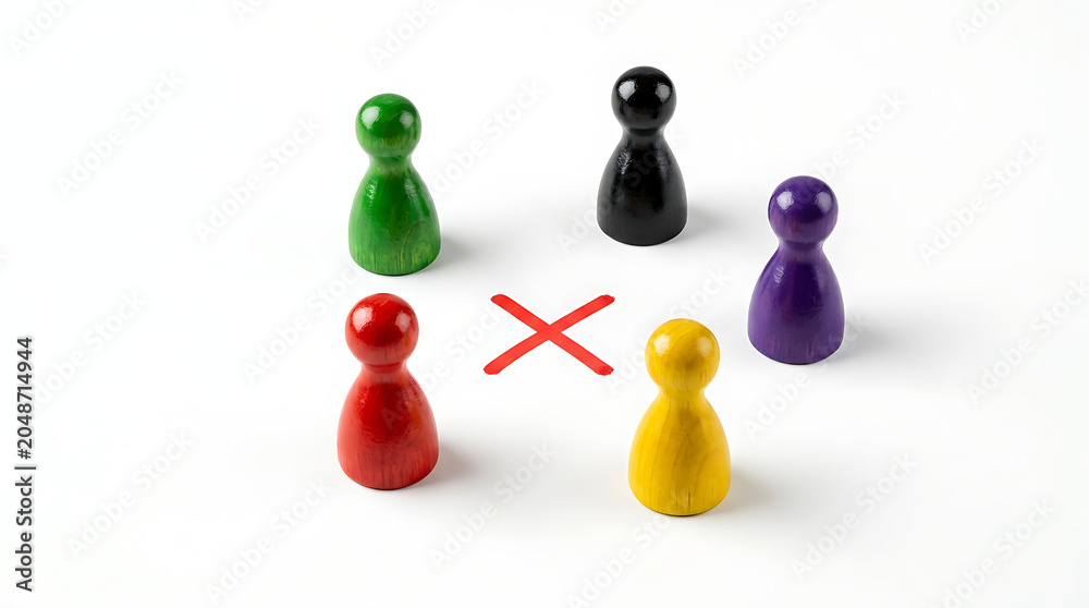 Obraz premium Game pieces in various colors stand together with one marked for exclusion on table