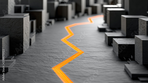 Zigzag orange path in dark abstract city, business growth concept