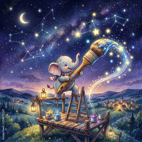 Cute baby elephant painting the night sky with glowing stars and constellations from a wooden platform