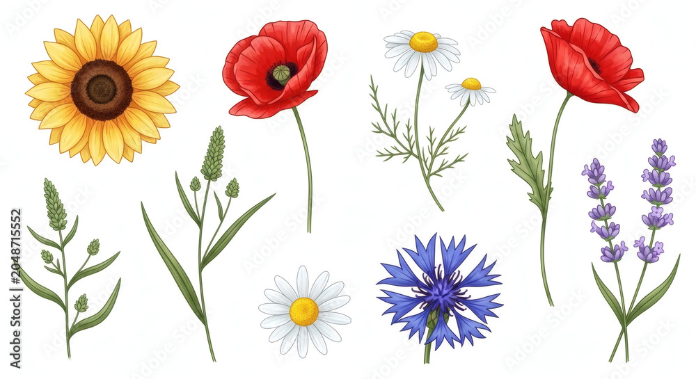Obraz premium Colorful Floral Arrangement Featuring Sunflowers, Poppies, Daisies, And Lavender In Detail