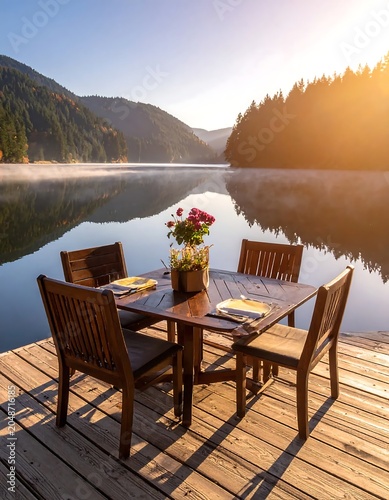 Golden hour breakfast on lakeside wooden deck.