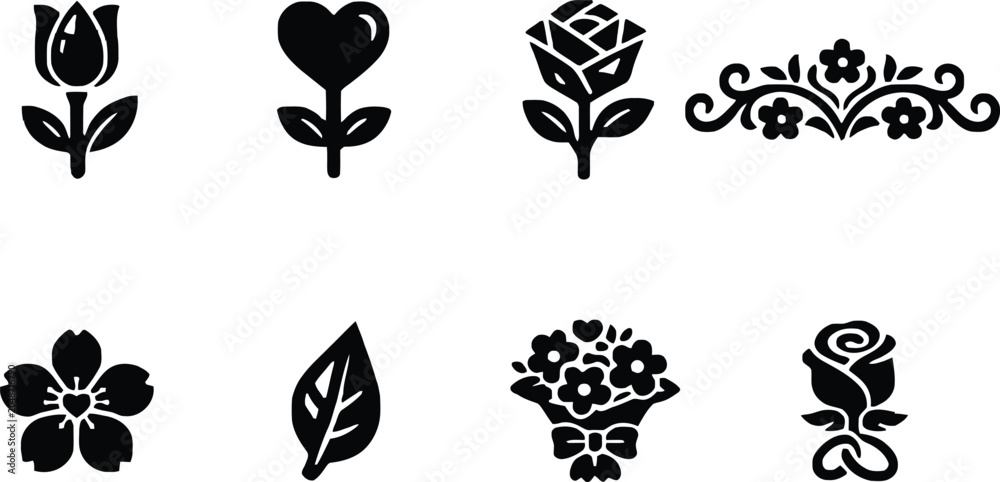 Fototapeta premium Four black and white simple flower and plant icons with leaf and swirl designs Vector