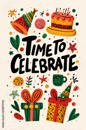 Birthday celebration theme for party event. A vibrant, handdrawn illustration of a birthday card with the words Time to Celebrate surrounded by decorative items such as a cake, gift boxes.