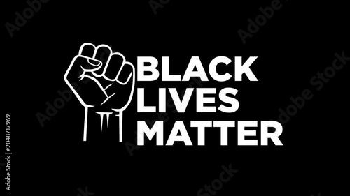 Black Lives Matter animated text with fist symbols on black background. Strong gesture shows unity and defiance. Suitable for protest, activism