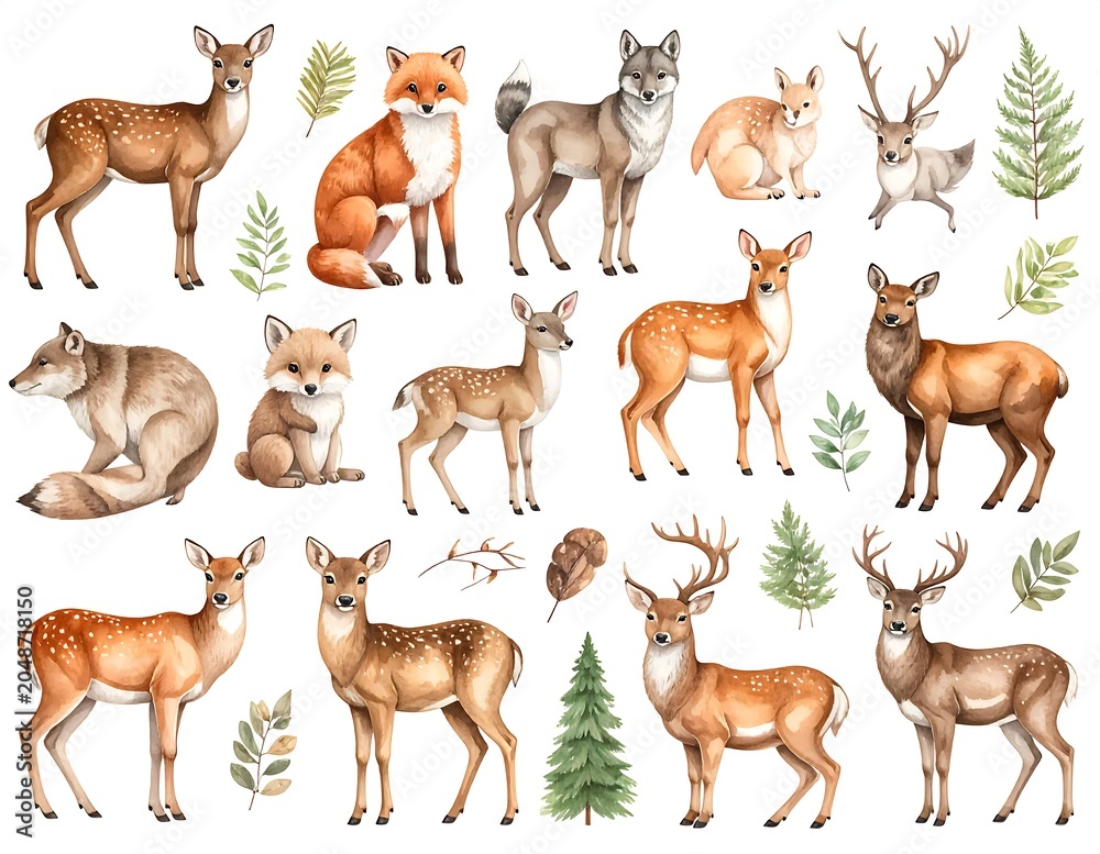 Obraz premium Diverse herd of deer in natural habitat illustration.