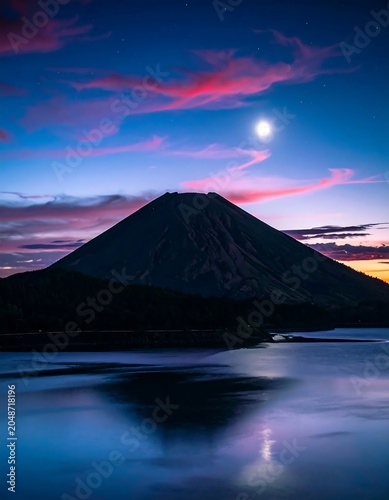 Dramatic twilight sky over volcanic mountain landscape.