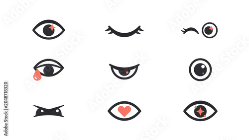 Set of nine stylish black and white emotion face icons with different expressions Vector