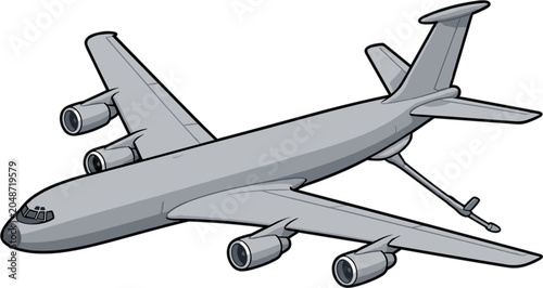 A gray illustration of a four-engine aerial refueling tanker aircraft. The plane has its refueling boom extended.
