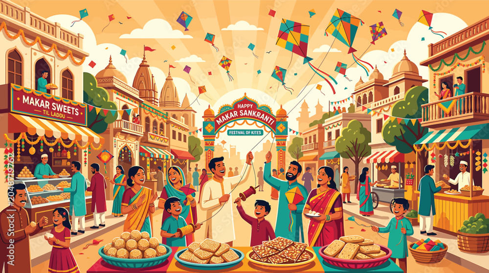Fototapeta premium Vibrant Indian street festival celebration scene.