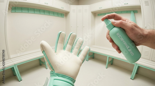 Spraying grip enhancer onto goalkeeper glove in locker room