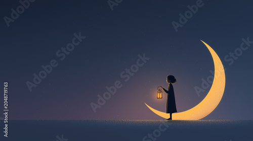 Girl Holding a Lantern on the Crescent Moon