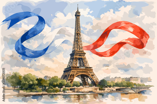 Obraz na plátně Watercolor painting of the iconic Eiffel Tower in Paris, France, with flowing blue and red ribbons against a cloudy sky and river reflection