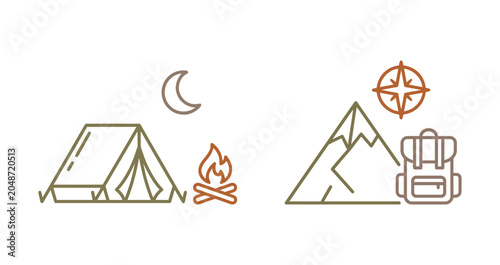 Camping icons with tent, campfire, mountains, compass and backpack vector, AI, Illustartion