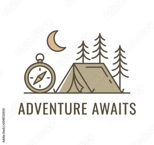 Camping adventure icon with tent compass and moon vector, AI, Illustartion