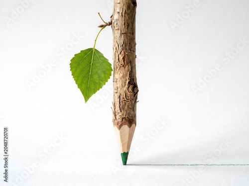 Eco-friendly concept of a natural tree branch pencil with a green leaf drawing a line on a white background