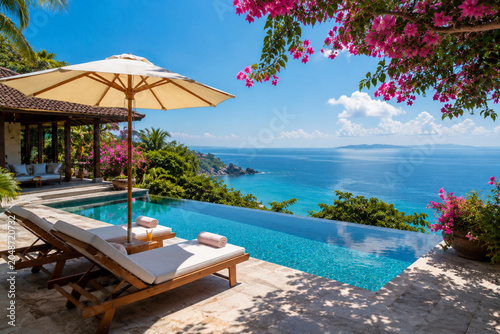 Picturesque luxury villa featuring an infinity pool, elegant loungers, tropical flowering plants, and breathtaking ocean scenery.