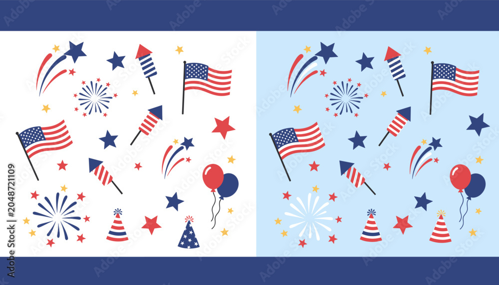 Obraz premium Collection of patriotic American holiday elements including fireworks, flags, stars, and balloons on white and blue backgrounds.