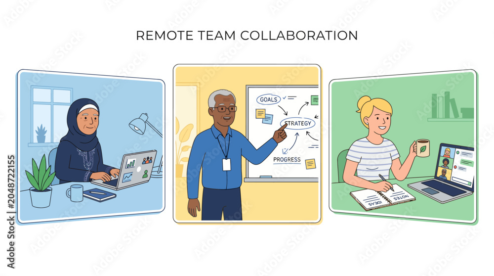 Naklejka premium Diverse individuals collaborating remotely on a project showcasing modern teamwork.