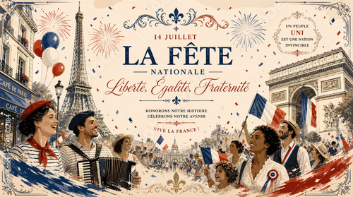 Quadro em tela A vibrant illustration celebrating Bastille Day, France's National Day, with iconic Parisian landmarks and joyful crowds waving French flags