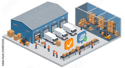 Warehouse and Logistics Management with Delivery Trucks and Forklifts in an Isometric Vector Illustration