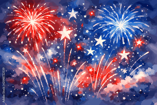 Konstfotografi Vibrant red and blue fireworks explode in a starry night sky, celebrating a patriotic occasion with dazzling light displays