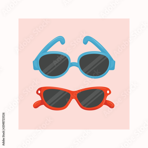 Pair of Vibrant Cartoon Sunglasses, Blue and Red, Isolated on Pink Background