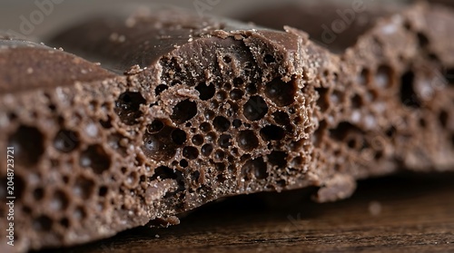 Delicious Aerated Chocolate Bar Close-up Bubbly Porous Texture of Sweet Milk Chocolate