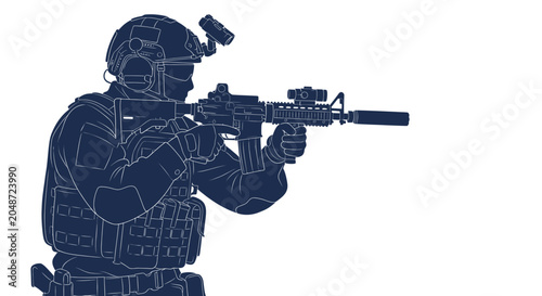 Schilderij op canvas Modern Soldier Aiming Assault Rifle, Tactical Gear, Military Combat Illustration