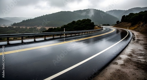 Wet Asphalt Highway Winding Through Misty Green Mountains Under a Cloudy Sky