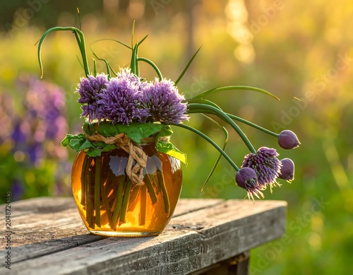 Glass jar with lavender and eucalyptus on rustic table.