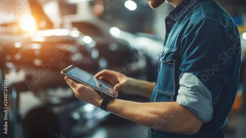 Mechanic using tablet repair shop