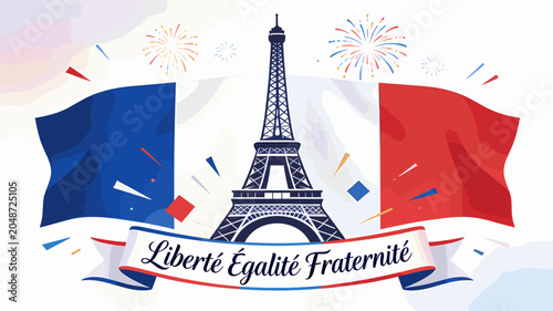 Foto Vibrant illustration of the Eiffel Tower with French flags, fireworks, and a banner displaying 'Liberté Égalité Fraternité', celebrating French national pride