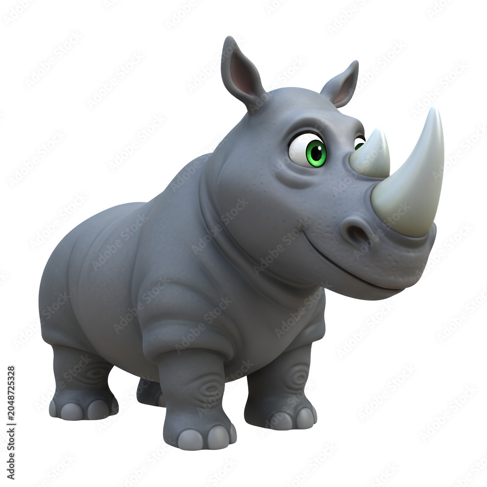 Fototapeta premium Friendly Gray Cartoon Rhino with Green Eyes on Transparent Background